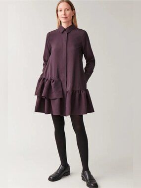 COS 2026 Frilled Relaxed Fit Burgundy Shirt Dress Long Sleeve Size 12 Large chic